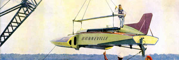 Bonneville speedboat on crane in air